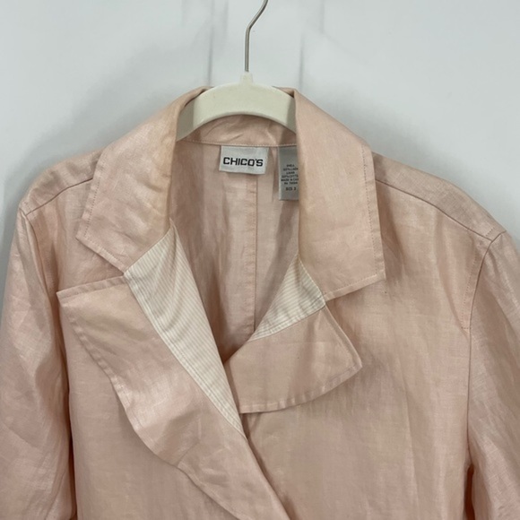 Chicos 100% linen ruffle front button down jacket with pockets 3/L - Picture 9 of 14
